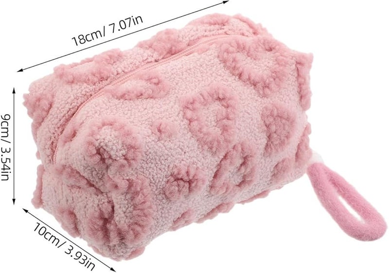 Large Capacity Pink Plush Heart Makeup Bag Travel Cosmetic Pouch Soft Toiletry Organizer - Image 2